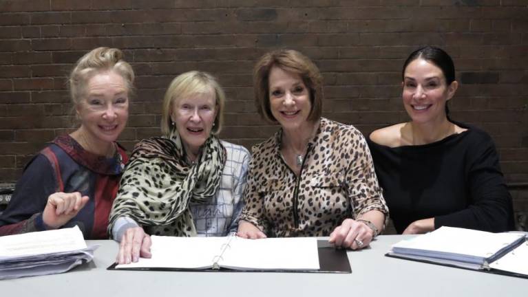 L-R: Sachi Parker, Joy Franz, Jana Robbins, Jolie Curtsinger at rehearsal for A Final Toast by Michele A Miller. Photo by Jonathan Slaff.