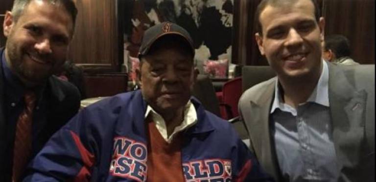 Pub owning partners Brian Stapleton (left) and Dieter Seelig (right) got to meet Willie Mays after he flew East in Jan. 2011 following the San Francisco Giants World Series victory in 2010. At the time, the duo were running Finnerty’s in the East Village, a popular pub with San Francisco Giants fans.