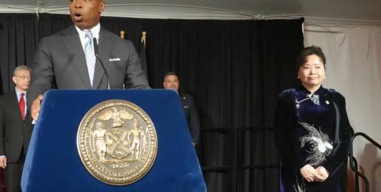 <b>Mayor Eric Adams and Director of Asian Affairs Winnie Greco, whose home was raided by the FBI on Feb. 29, seen at a reception at Gracie Mansion on Sept. 28, 2023. </b>Photo: April Xu THE CITY