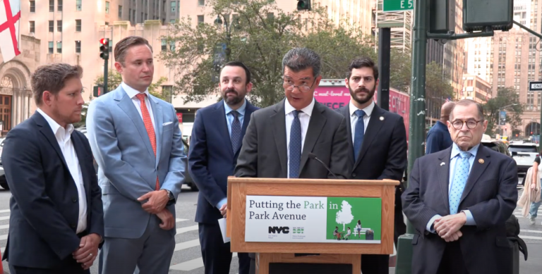 DOT Commissioner Ydanis Rodriguez helming a presser on the proposed expansion of Park Avenue’s medians, which would provide added green space for residents.