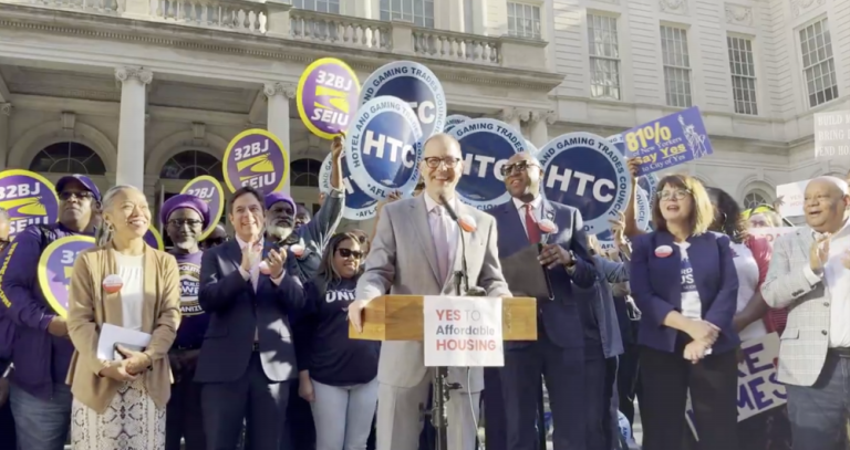 Manhattan Borough President Mark Levine (center) rallying in favor of the “City of Yes” amendment, alongside members of 32BJ SEIU and City Planning Commissioner Dan Garodnick (left).