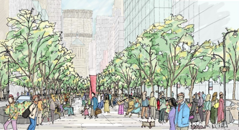 A rendering, provided by the city’s DOT, depicts an expansion of park space that would be created by widening Park Avenue’s medians.