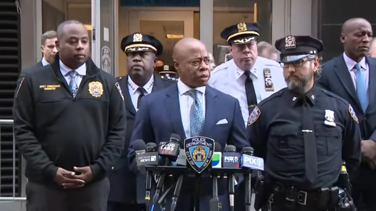 NYC Mayor Eric Adams at a press conferene on a Nov. 18 following stabbing attack that began in Chelsea shortly around 8:20 a.m. and then the suspect attacked two people on the East Side. Two men had already died while a 36-yearold woman was clinging to life. She also subsequently died. The suspect was captured and charged with three counts of first degree murder.