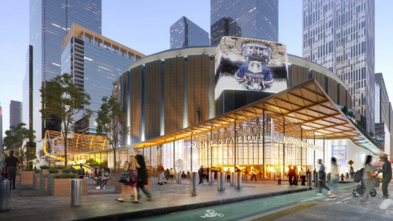 Here’s what Penn Station was going to look like viewed from from Eighth Ave. and 33rd St. entrance under the MTA’s original redevelopment plan for the rail hub. That plan now appears to be in the process of getting scaled back dramatically.