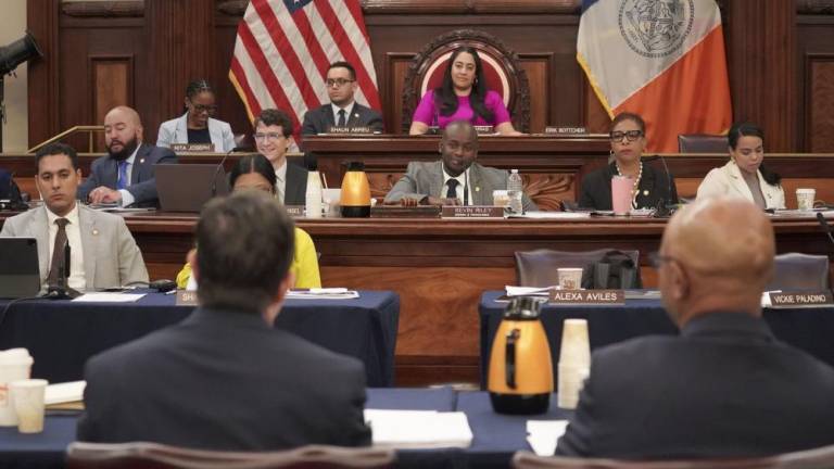 City Planning Commissioner Dan Garodnick, back turned on left, presenting to the NY City Council. Two Council committees have now passed a modified version of the City of Yes housing plan pushed by the CPC.