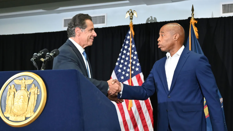 Governor Cuomo holds a press conference about gun violence with Brooklyn Borough President Eric Adams, back on July 14, 2021 a few months before Adams was elected mayor, the job Cuomo now wants to take from him.