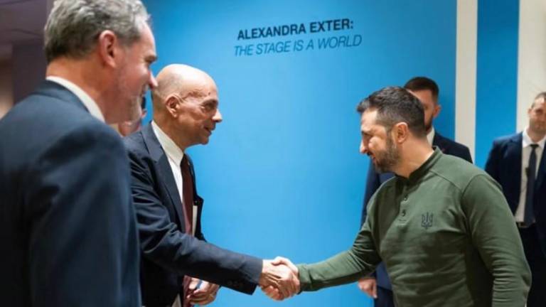 Ukrainian Museum director Peter Doroshenko (left) greets Ukrainian President Volodymyr Zelensky on Sept. 23, 2024. While in town for the UN General Assembly, Zelensky stopped by the museum to celebrate the opening of a four-month exhibit by two avant garde Ukrainian artists.