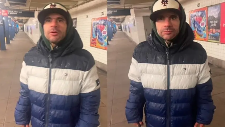 Then unidentified Jeffrey Vargas in 50th Street subway station, having just attacked and robbed a halal food cart vendor who snapped topside. Note metal weapon in his right hand.