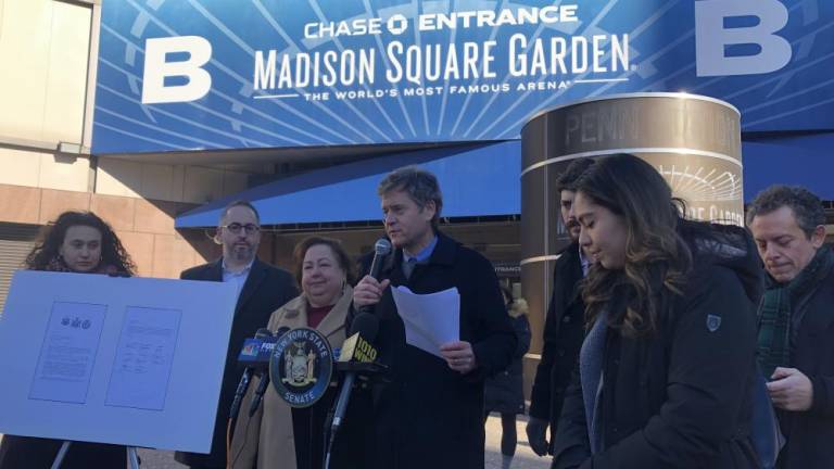 Brad Hoylman-Sigal (at mic) speaking at a rally outside Madison Square Garden in January 2023.