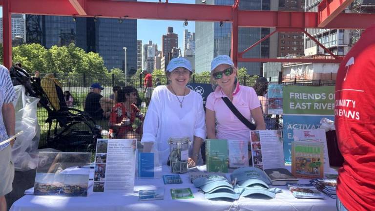 Clara Lipson, right, a volunteer with EsplanadeFriends and another volunteer running a table of EsplanadeFriends merchandize by the East River Waterfront and 60th Street at Andrew Haswell Park on June 1, 2024. Photo Credit: Alessia Girardin.