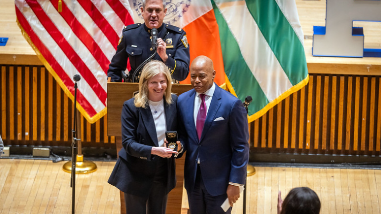 Eric Adams swears in Jessica Tisch as the new NYPD Commissioner in a ceremony at 1 Police Plaza on Nov. 25. Tisch is taking the shield number of her grandfather, a former NYPD chaplain.