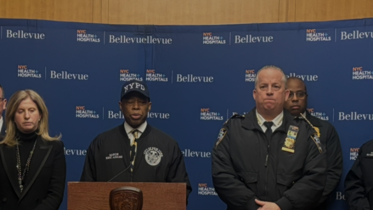 Mayor Eric Adams (center) and Police Commissioner Jessica Tisch (left) provide an update on an NYPD officer who was shot in the left shoulder during a press conference where the officer was rushed after the shooting. He was in stable condition. The suspect was in the same hospital after getting shot by cops but was listed as “not likely” to die.