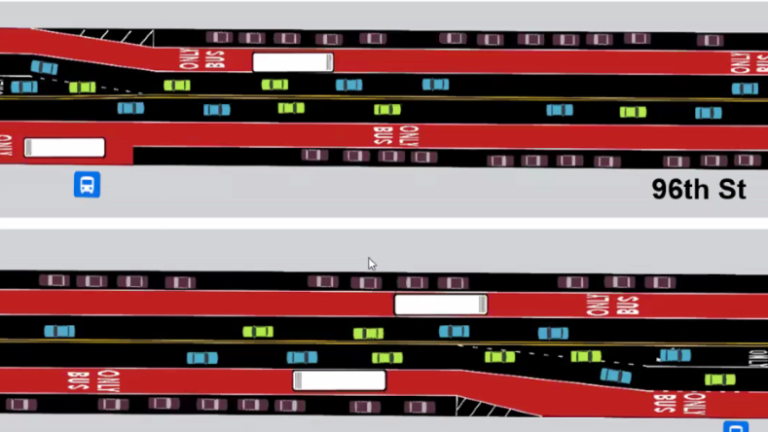 A DOT depiction of the offset bus lane proposal at 96th St., which would stretch crosstown between the UES and the UWS. Now, UWS politician Gale Brewer has come out in opposition to much of her neighborhood’s portion.